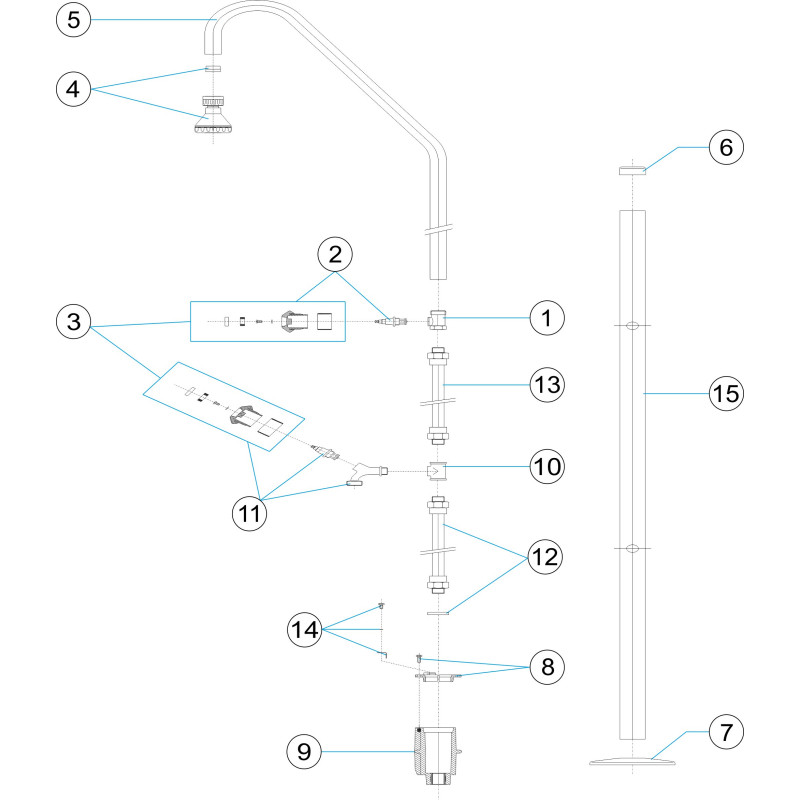 Pièces détachées Douche 1 pommeau 1 robinet et lave-pieds Ø 43 (ASTRALPOOL)