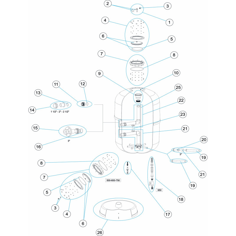 Pièces détachées Filtre FTR Ø 500, 600, 750, 950 (SNTE, ASTRALPOOL, CERTIKIN)