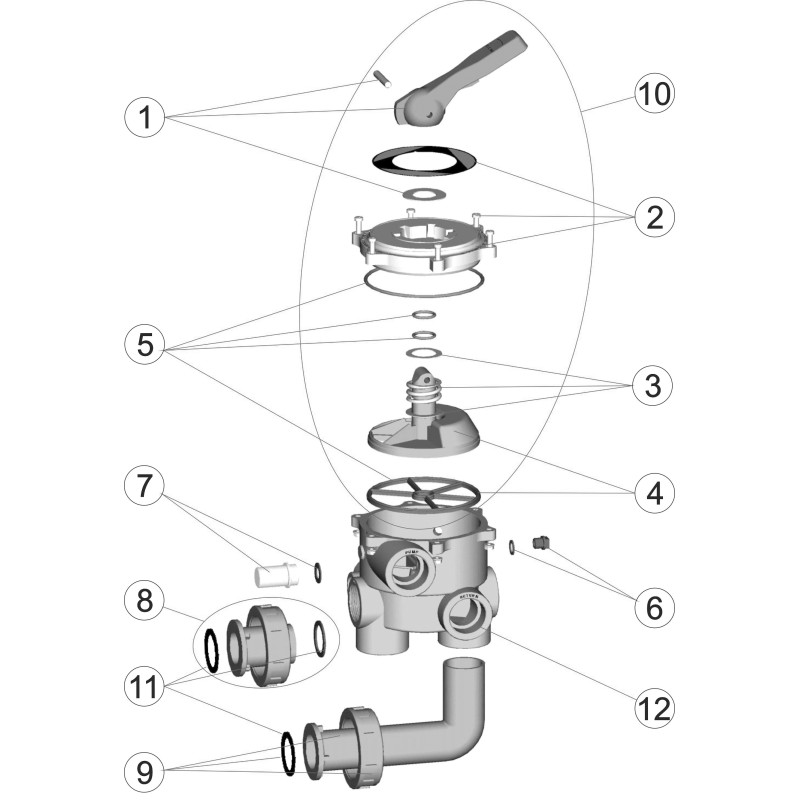 Pièces détachées Vanne SIDE 1 1/2" compatible HAYWARD avec liaisons 152 mm (ASTRALPOOL)